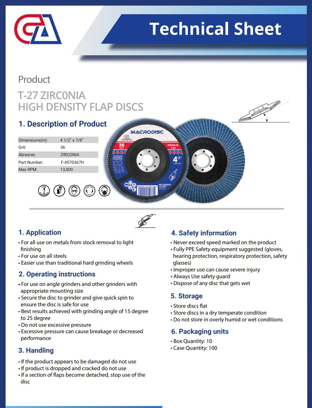 Continental Abrasives T27 4-1/2 x 7/8  High Density Jumbo Flap Disc Zirconia ( 10/Box)