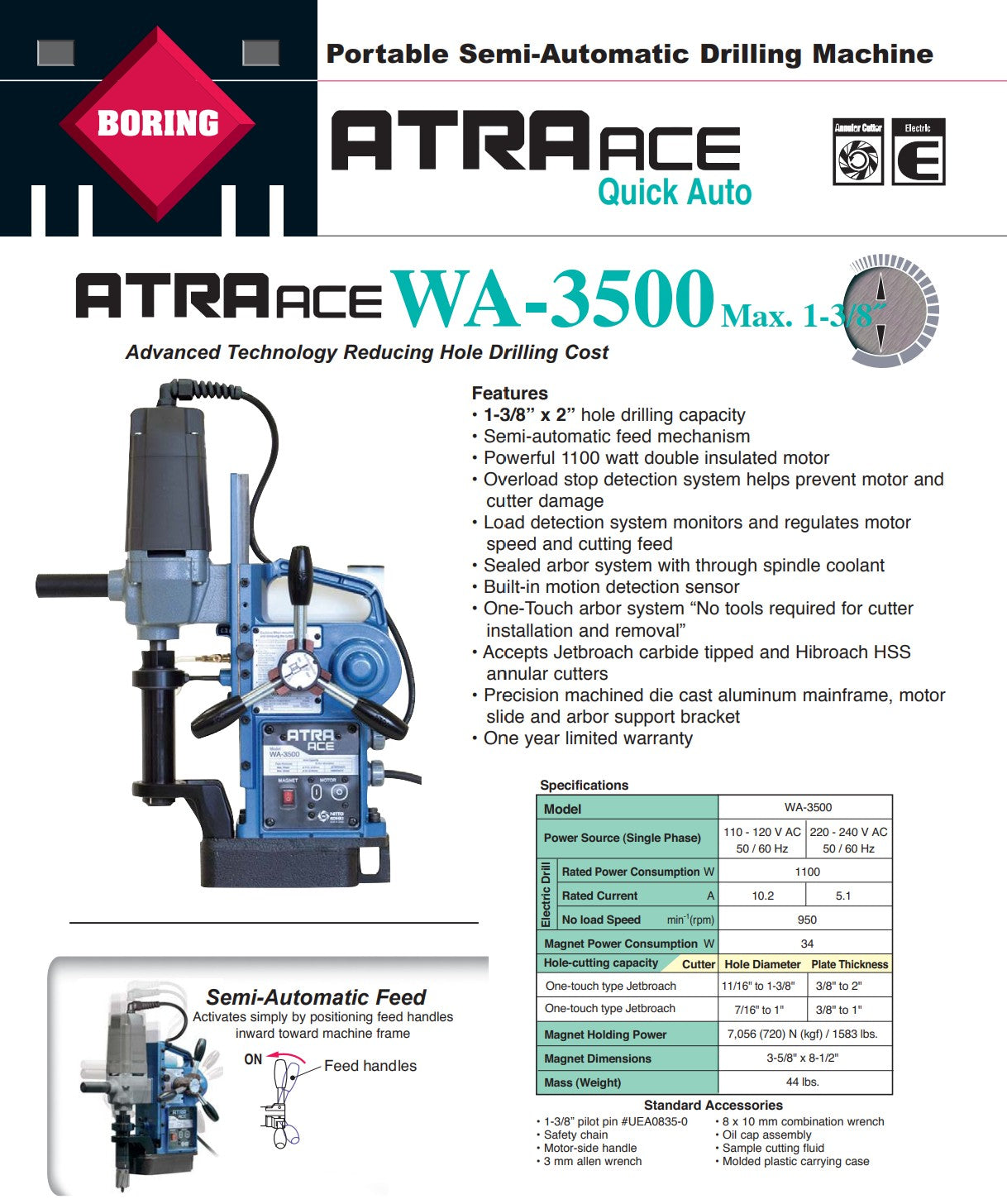 Nitto Kohki Mag Drill Atra Ace WA-3500 Automatic Mag Drill 1-3/8" X 2"