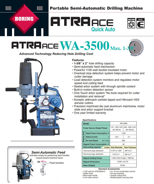 Nitto Kohki Mag Drill Atra Ace WA-3500 Automatic Mag Drill 1-3/8" X 2"